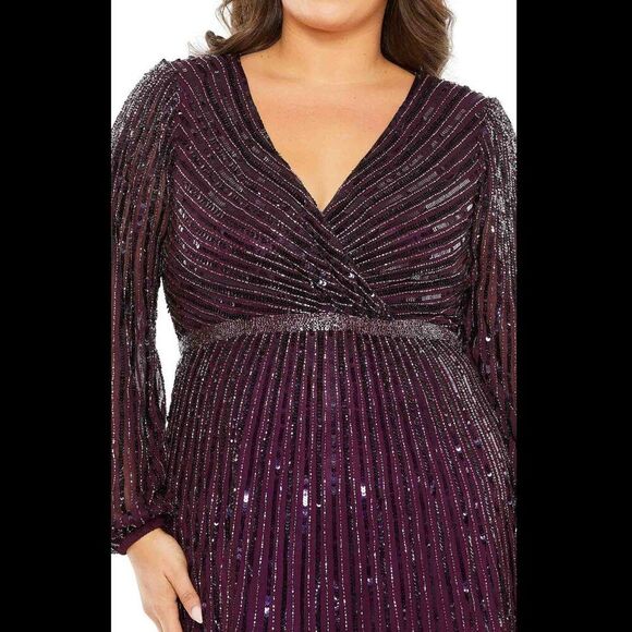 Mac Duggal Size 22W 22 Dark Purple Long Sleeve Sequin V-Neck Evening Dress Gown - Picture 3 of 5